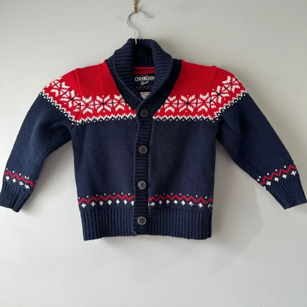 OshKosh B'gosh Kids Navy Red Snowflake Fair Isle Cardigan Sweater 3T‎